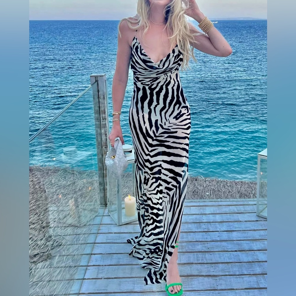 Zebra Print Spaghetti Strap Side Split Plunging Open Back Loose Fit Maxi Dress - Picture 11 of 14